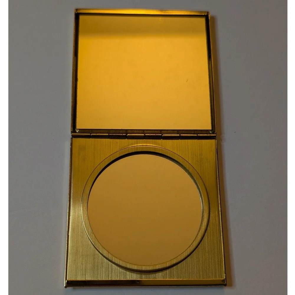 Vintage Gold Tone Cityscape w Moon Marquetry Resin Square Makeup Compact Mirror